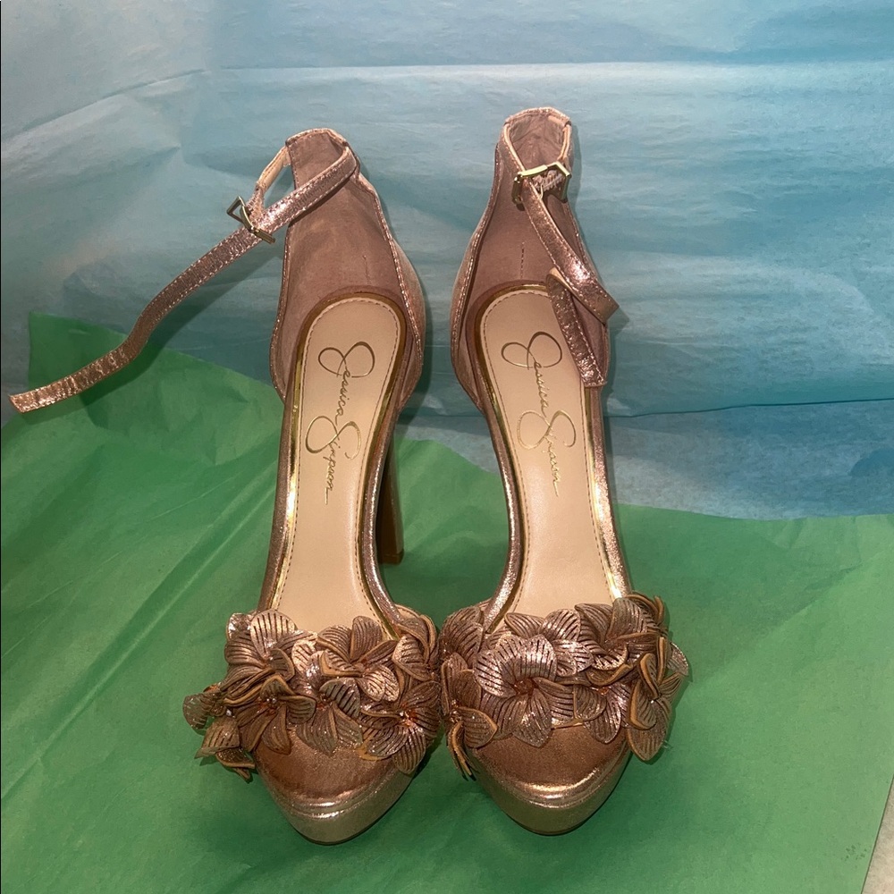 Jessica Simpson Metallic Heeled Sandals with Floral Accents